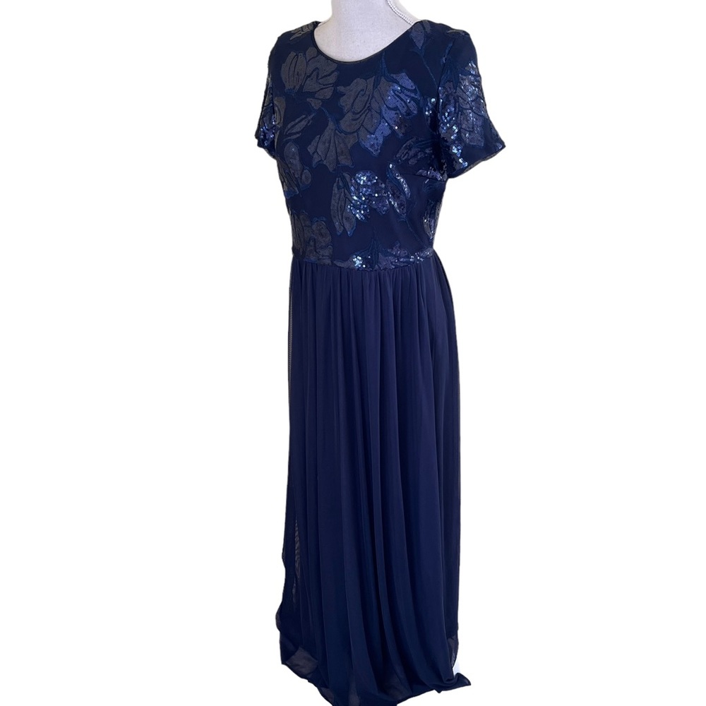 R&M Richards Navy Blue Sequined Bodice Short Sleeve Mesh Skirt Formal Dress - Picture 9 of 13